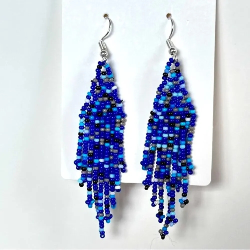 Western Beaded Handmade Tassel Fringe Blue Earrings